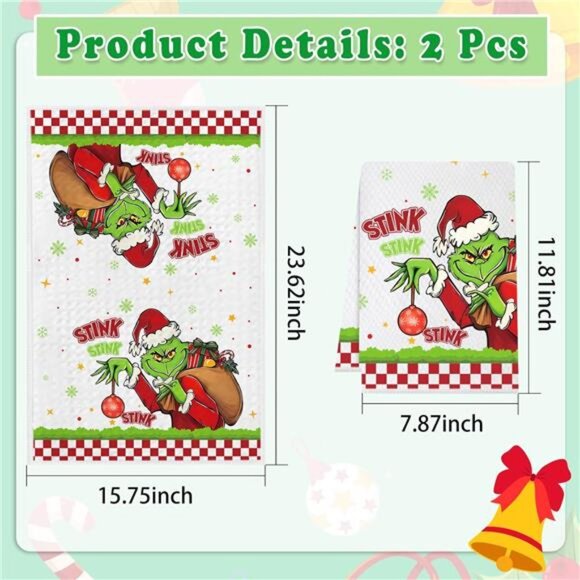 Set of 2 Grinchmas Christmas‎ Kitchen Towels, Waffle Weave Absorbent Hand Towels - Picture 5 of 7